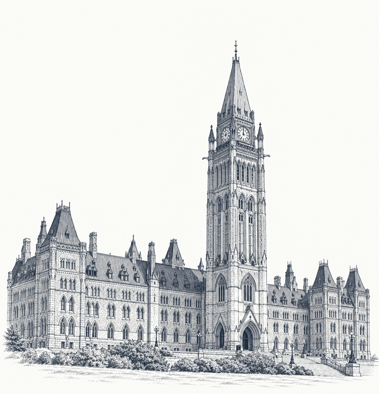An architectural drawing of Parliament’s Centre Block and Peace Tower in Ottawa